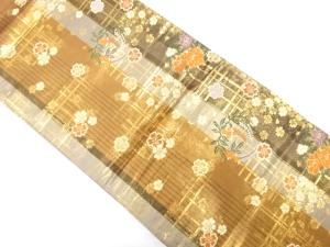 縞に桜・格子模様織り出し　袋帯